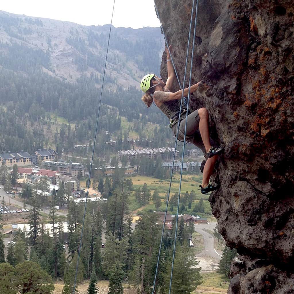 Author Alyssa Ganong during the intermediate/advanced climbing clinic at Rainbow Crags at Kirkwood Mountain Resort. 